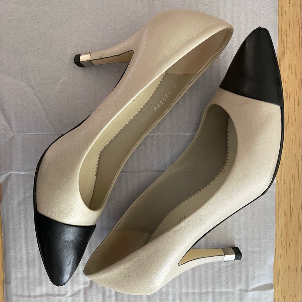 CHANEL Two Tone Cap Toe Pumps with Silver Heel Hardware Sz 38.5